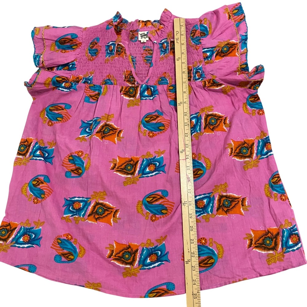 Ivy Jane Pink Abstract Floral Smocked Ruffle Sleeve Cotton Blouse 641370 M - Picture 6 of 8